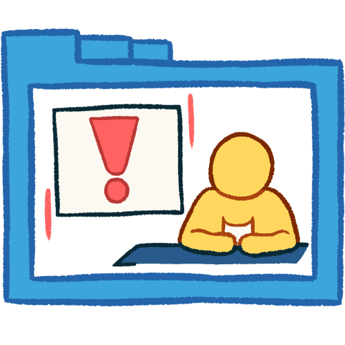 A hollow blue folder with thick lineart. Inside of it is a plain yellow person sitting at a blue desk holding a paper. Next to them is a white screen with a pink exclamation point, with two pink vertical lines outside the screen. 